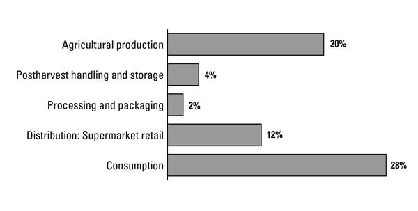 Bar Chart of fruit and vegetable loss percentages by supply chain stage